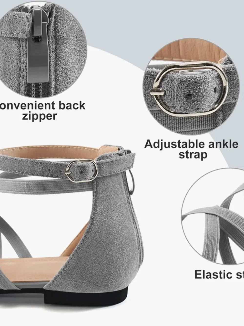 Grey Suede Ankle-Strap Flat Sandals with Adjustable Buckle